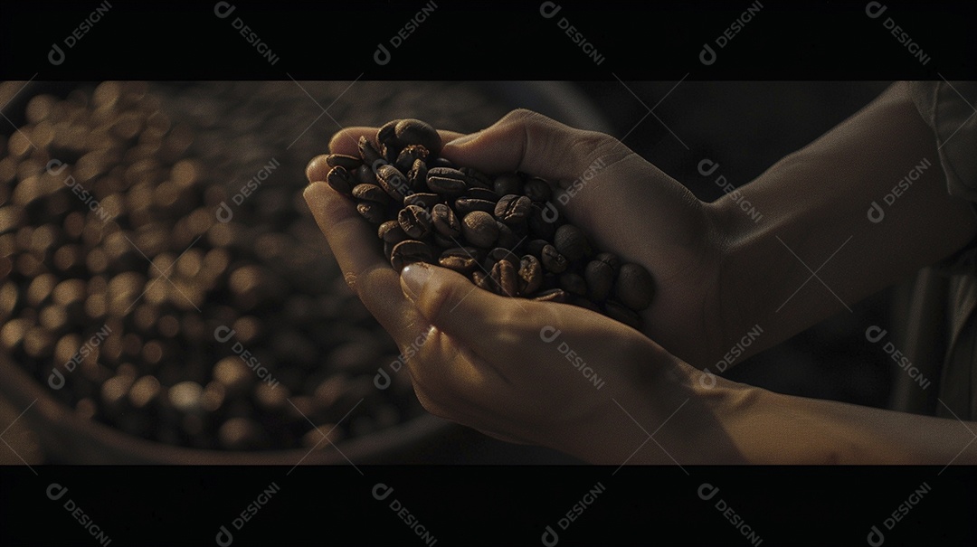 Mãos cinematográficas segurando grãos de café torrados premium
