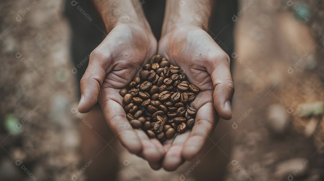 Mãos cinematográficas segurando grãos de café torrados premium