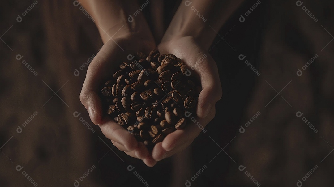 Mãos cinematográficas segurando grãos de café torrados premium