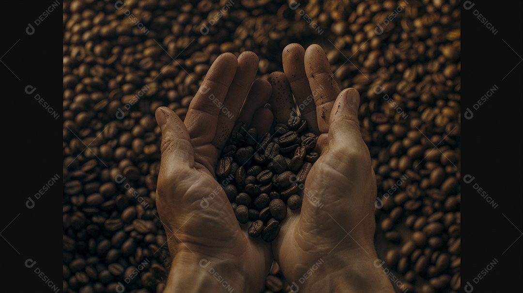 Mãos cinematográficas segurando grãos de café torrados premium
