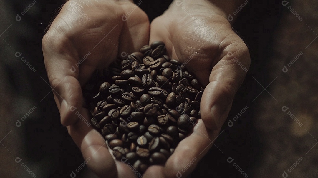 Mãos cinematográficas segurando grãos de café torrados premium