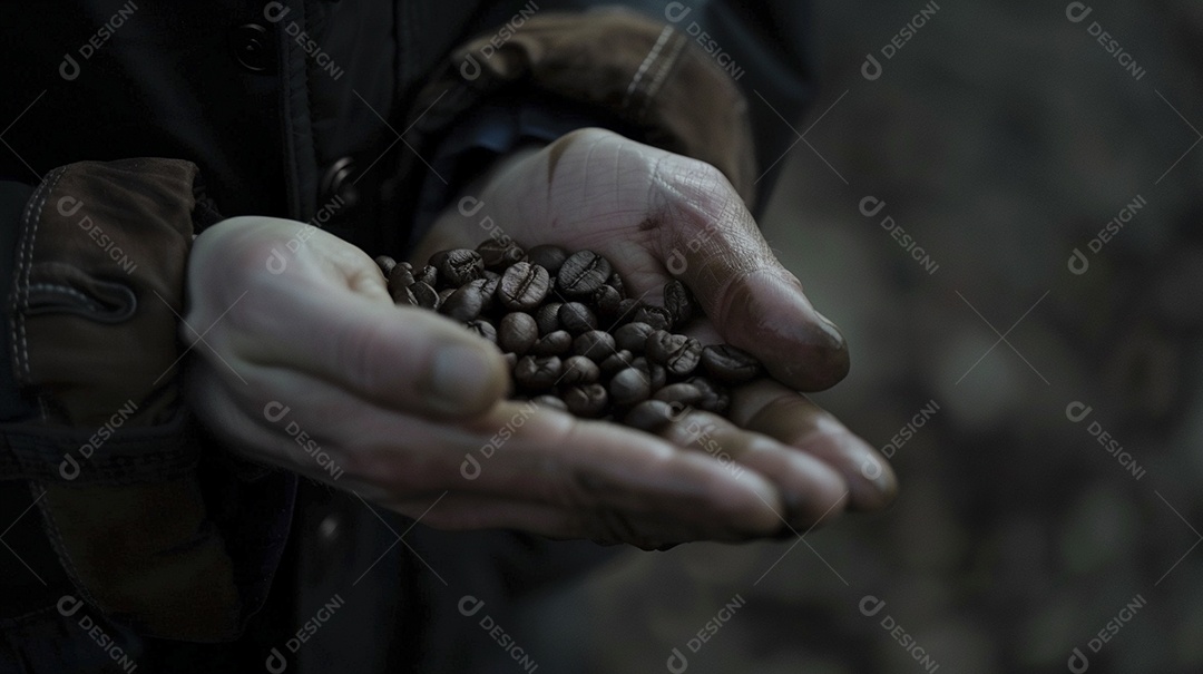 Mãos cinematográficas segurando grãos de café torrados premium