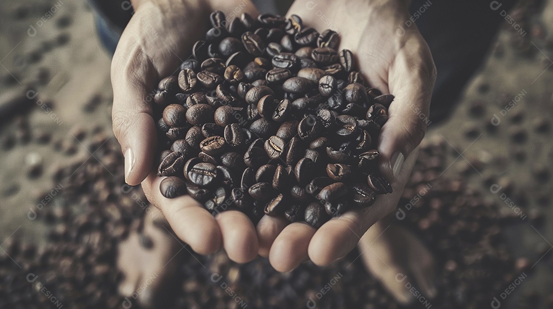 Mãos cinematográficas segurando grãos de café torrados premium