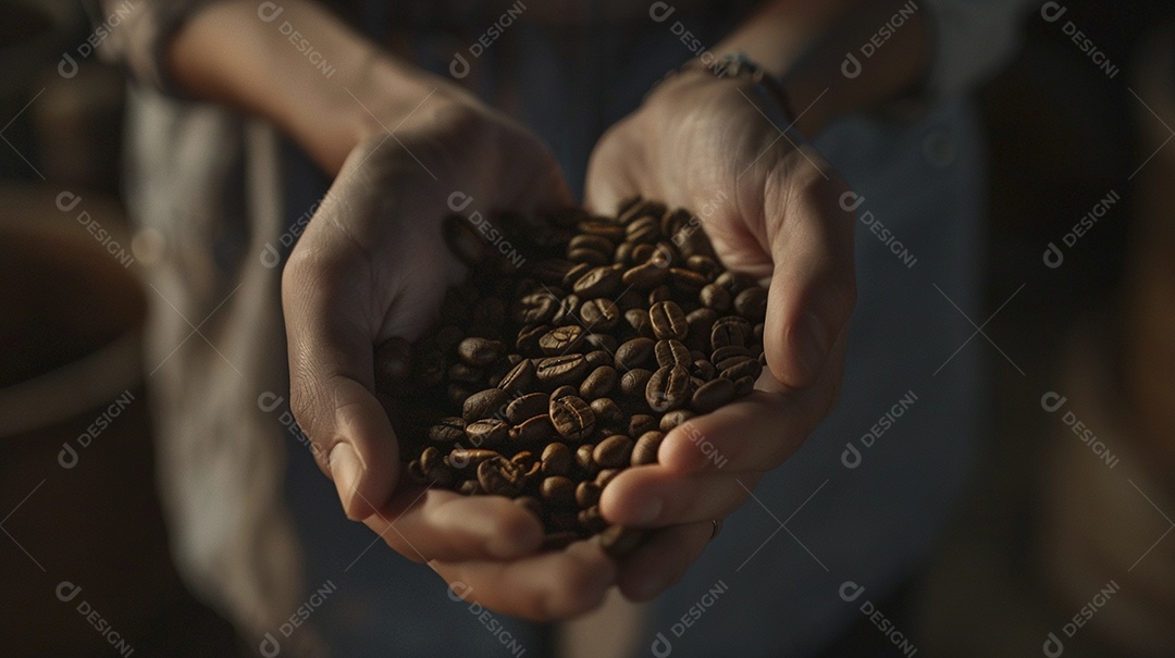 Mãos cinematográficas segurando grãos de café torrados premium