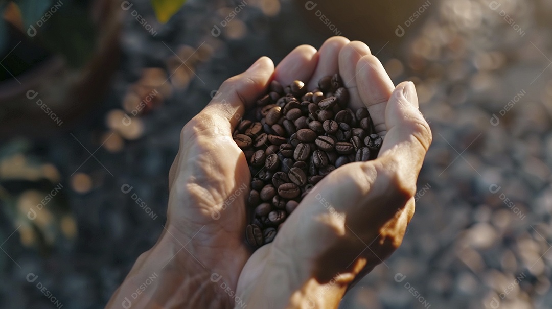 Mãos cinematográficas segurando grãos de café torrados premium