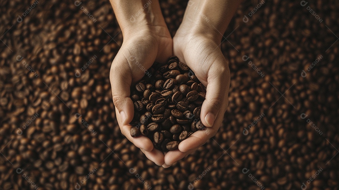 Mãos cinematográficas segurando grãos de café torrados premium
