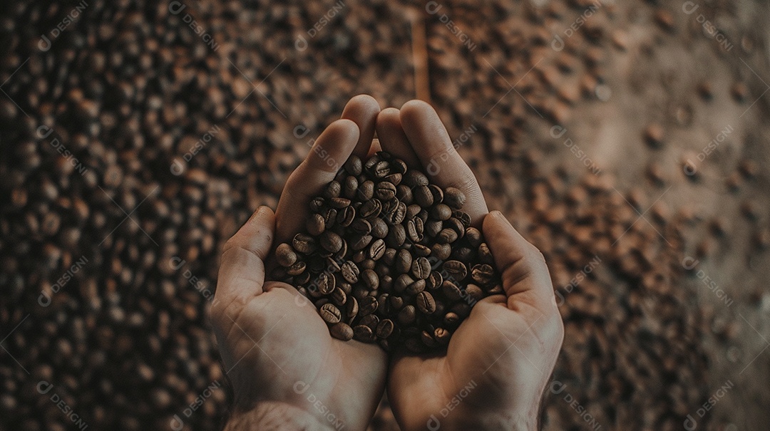 Mãos cinematográficas segurando grãos de café torrados premium
