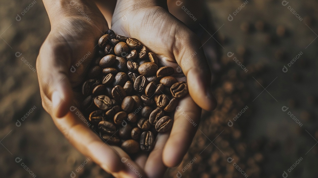 Mãos cinematográficas segurando grãos de café torrados premium