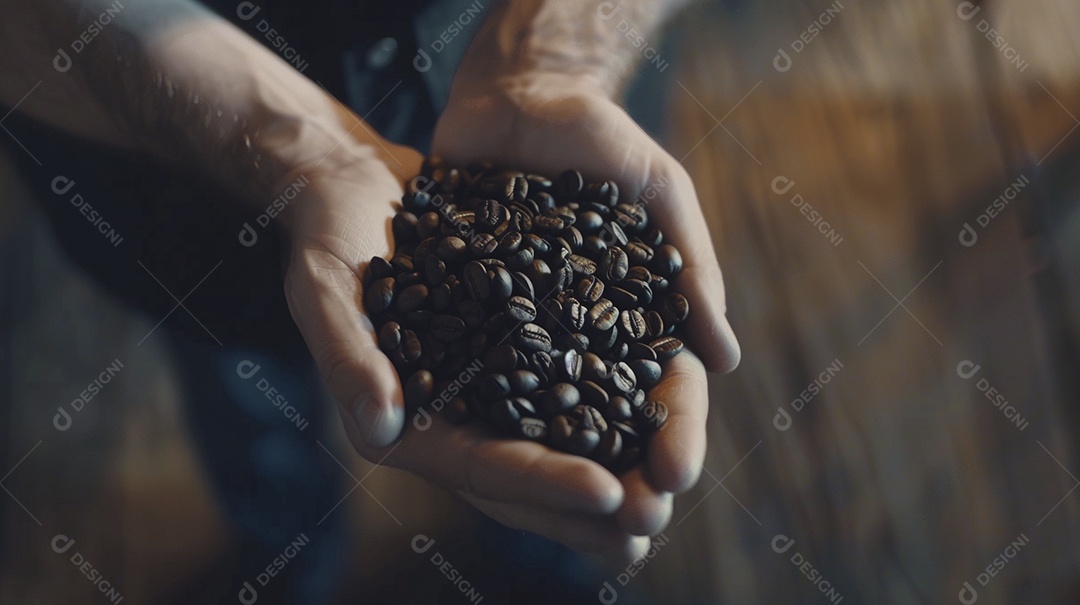Mãos cinematográficas segurando grãos de café torrados premium