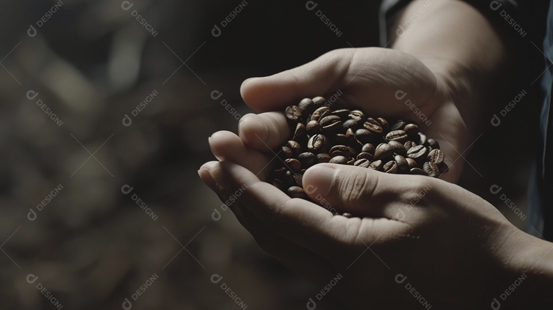 Mãos cinematográficas segurando grãos de café torrados premium