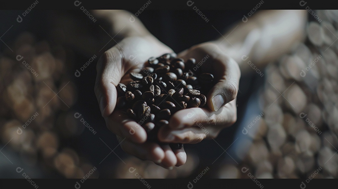 Mãos cinematográficas segurando grãos de café torrados premium