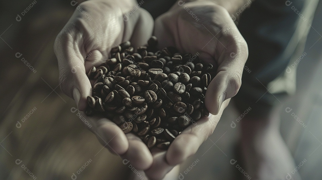 Mãos cinematográficas segurando grãos de café torrados premium