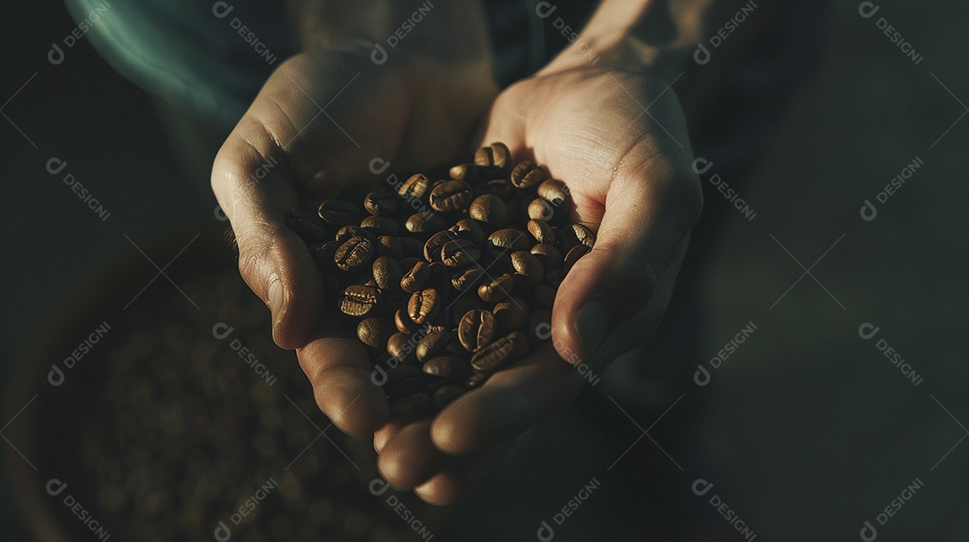 Mãos cinematográficas segurando grãos de café torrados premium