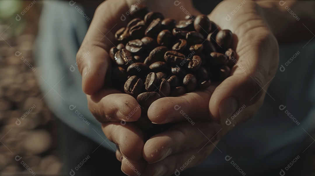 Mãos cinematográficas segurando grãos de café torrados premium