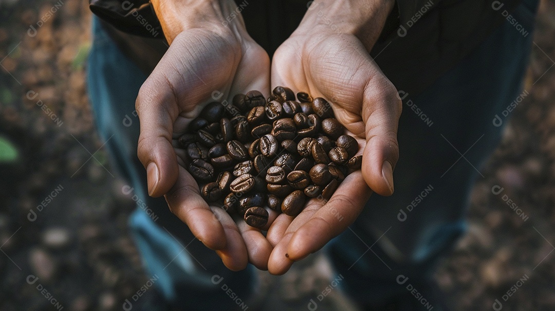 Mãos cinematográficas segurando grãos de café torrados premium