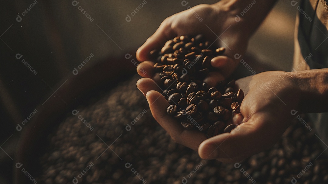Mãos cinematográficas segurando grãos de café torrados premium