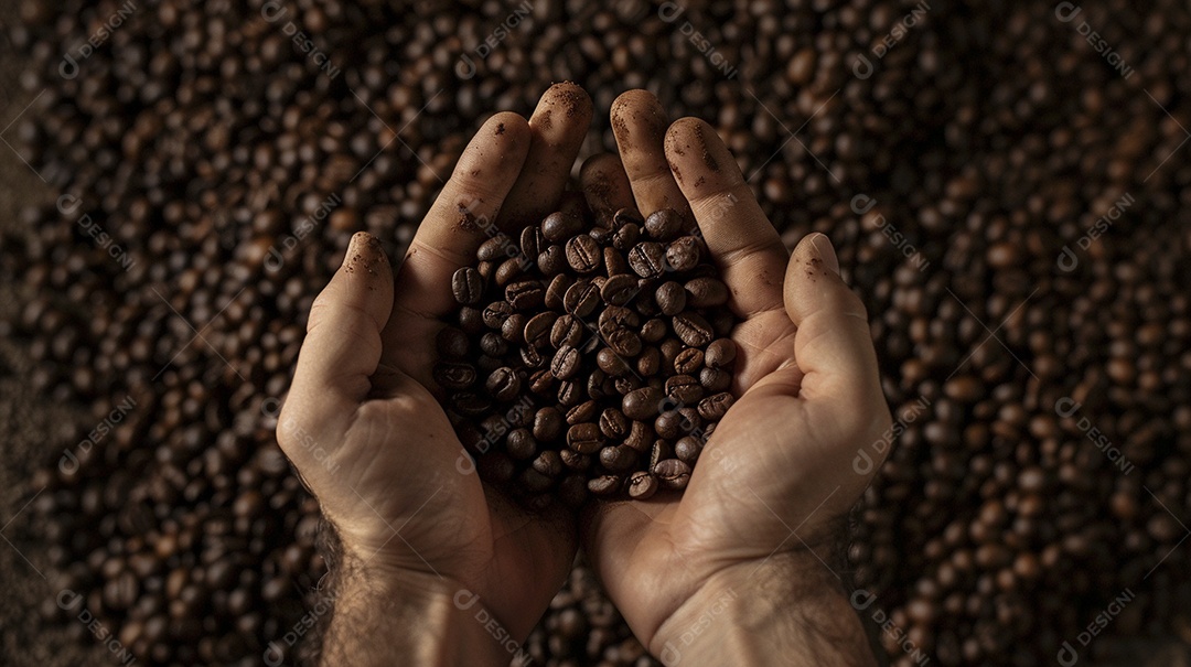Mãos cinematográficas segurando grãos de café torrados premium