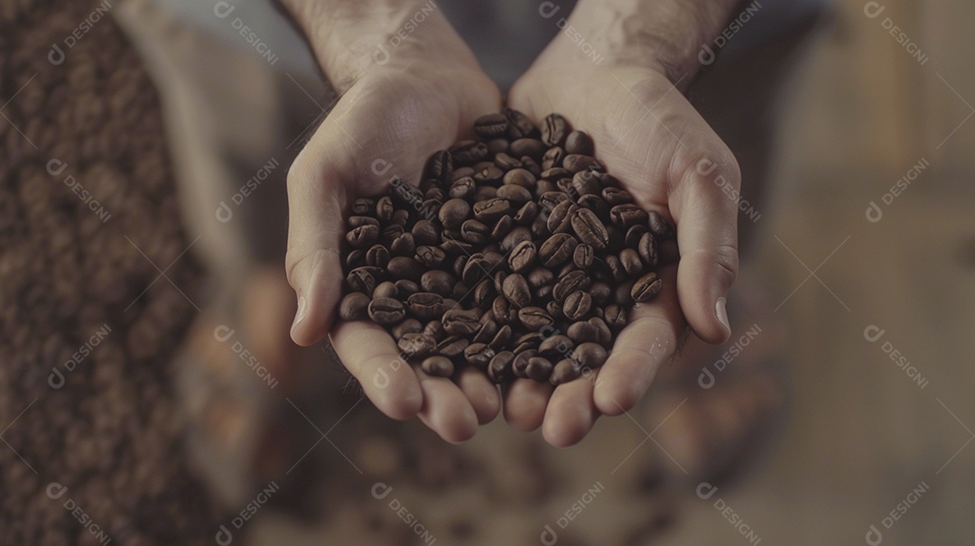 Mãos cinematográficas segurando grãos de café torrados premium