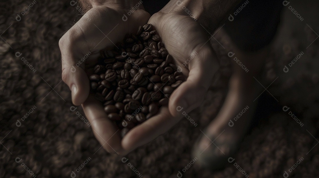 Mãos cinematográficas segurando grãos de café torrados premium
