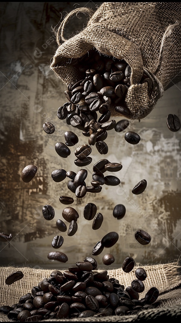 Fotografia de produto de grãos de café caindo de um saco de estopa aparência rústica ultra realista