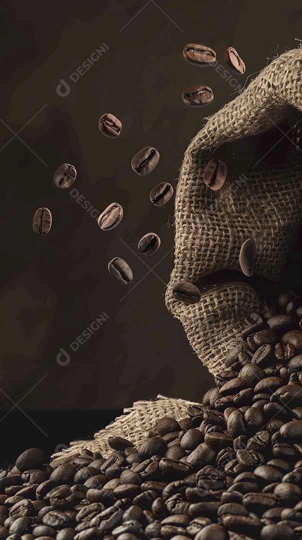 Fotografia de produto de grãos de café caindo de um saco de estopa aparência rústica ultra realista