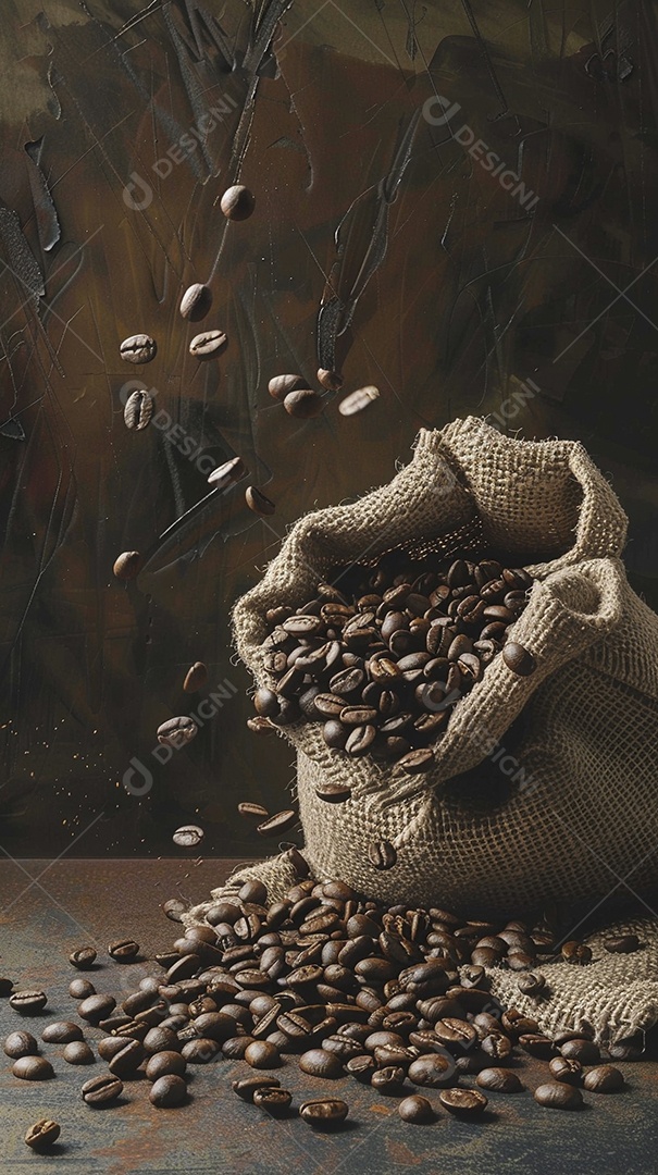 Fotografia de produto de grãos de café caindo de um saco de estopa aparência rústica ultra realista
