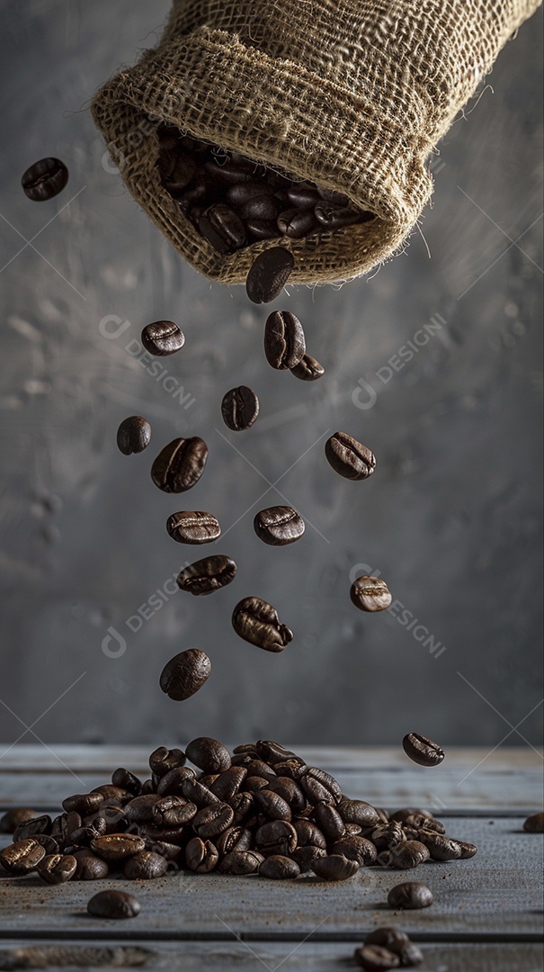 Fotografia de produto de grãos de café caindo de um saco de estopa aparência rústica ultra realista
