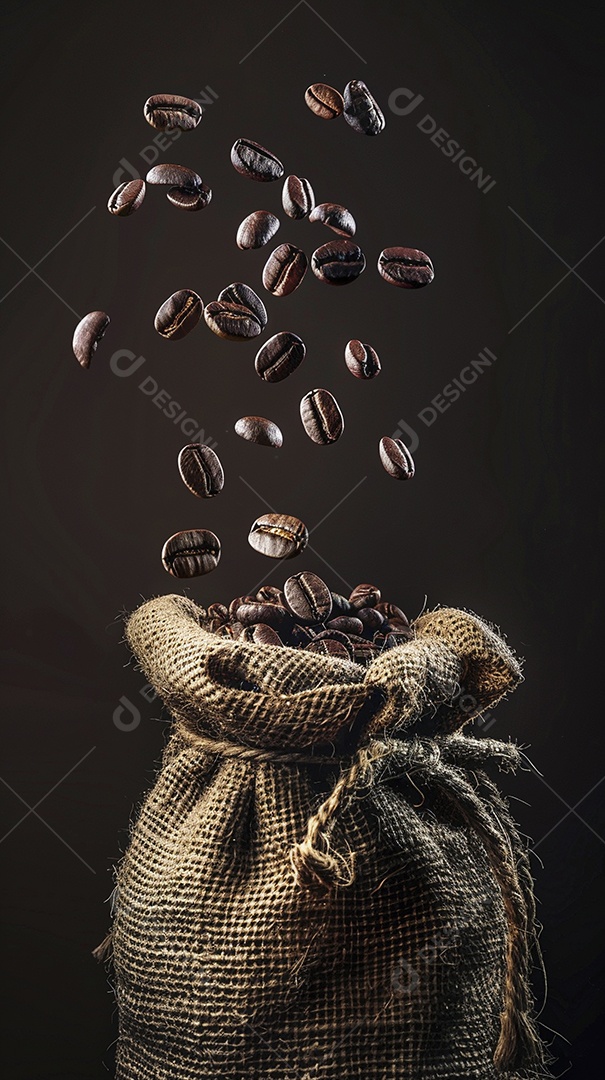 Fotografia de produto de grãos de café caindo de um saco de estopa aparência rústica ultra realista