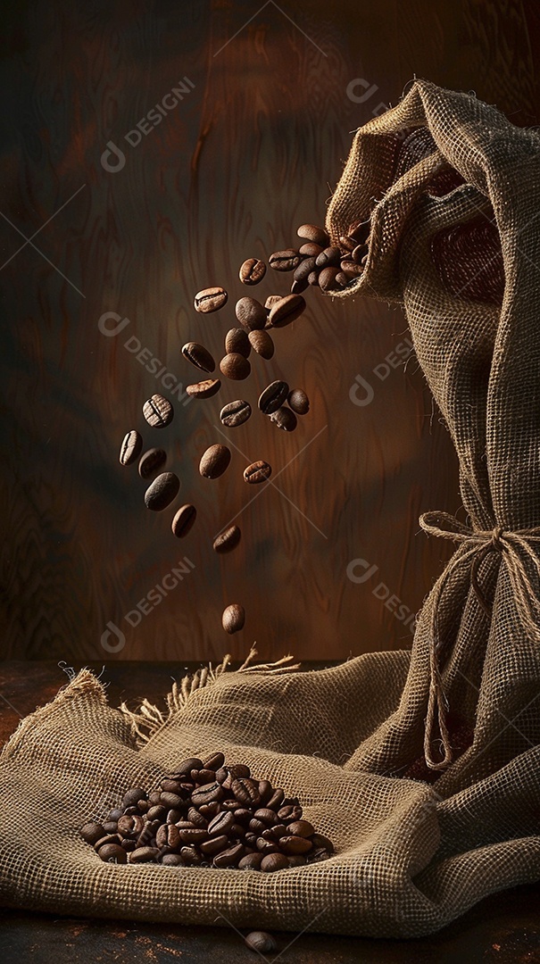 Fotografia de produto de grãos de café caindo de um saco de estopa aparência rústica ultra realista