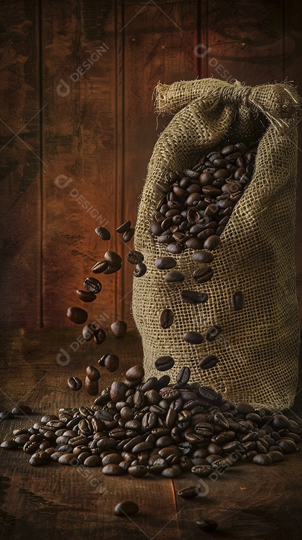 Fotografia de produto de grãos de café caindo de um saco de estopa aparência rústica ultra realista