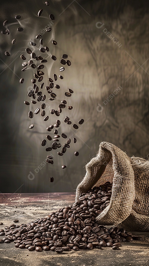 Fotografia de produto de grãos de café caindo de um saco de estopa aparência rústica ultra realista