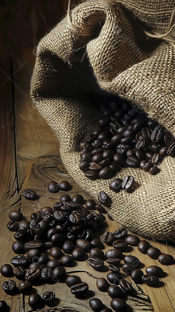 Fotografia de produto de grãos de café caindo de um saco de estopa aparência rústica ultra realista
