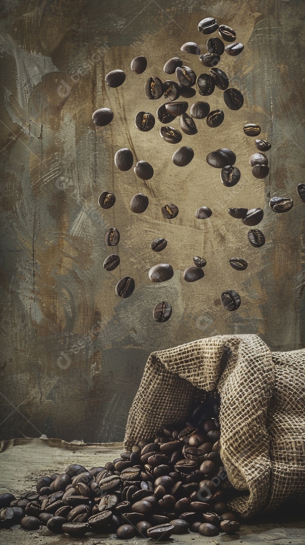 Fotografia de produto de grãos de café caindo de um saco de estopa aparência rústica ultra realista