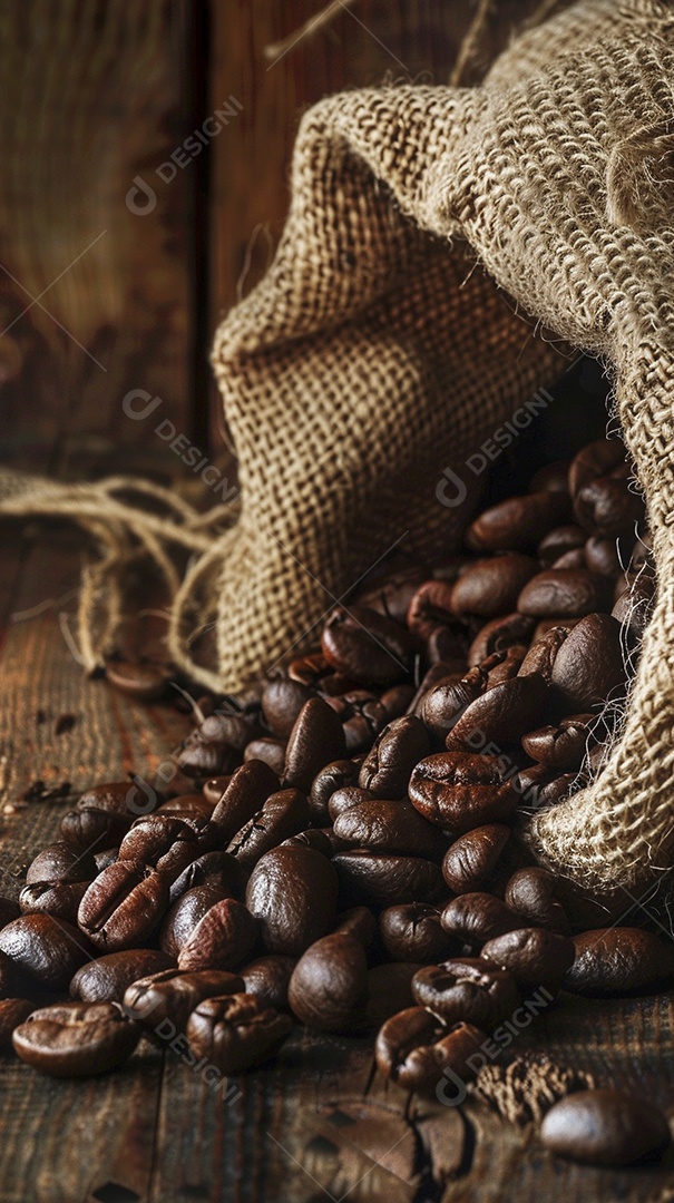Fotografia de produto de grãos de café caindo de um saco de estopa aparência rústica ultra realista