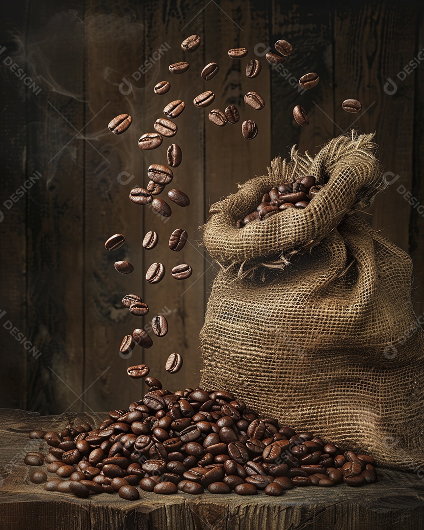 Fotografia de produto de grãos de café caindo de um saco de estopa aparência rústica ultra realista