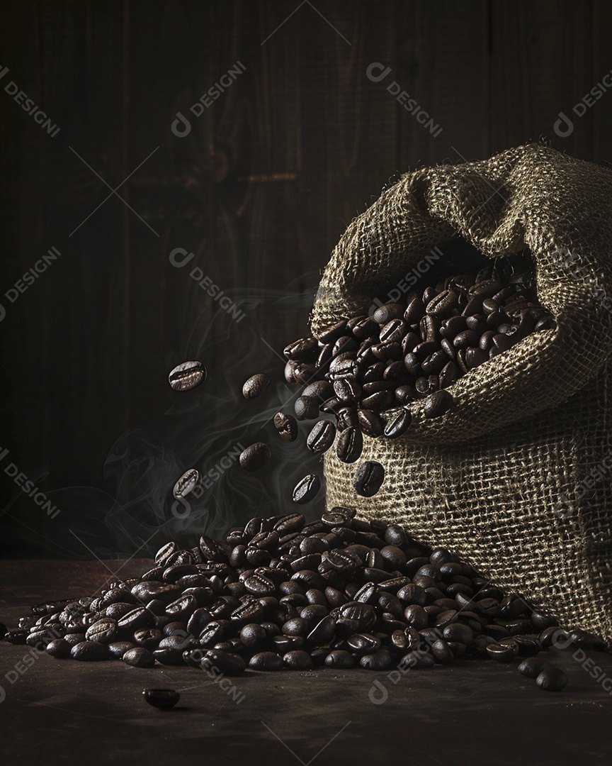 Fotografia de produto de grãos de café caindo de um saco de estopa aparência rústica ultra realista
