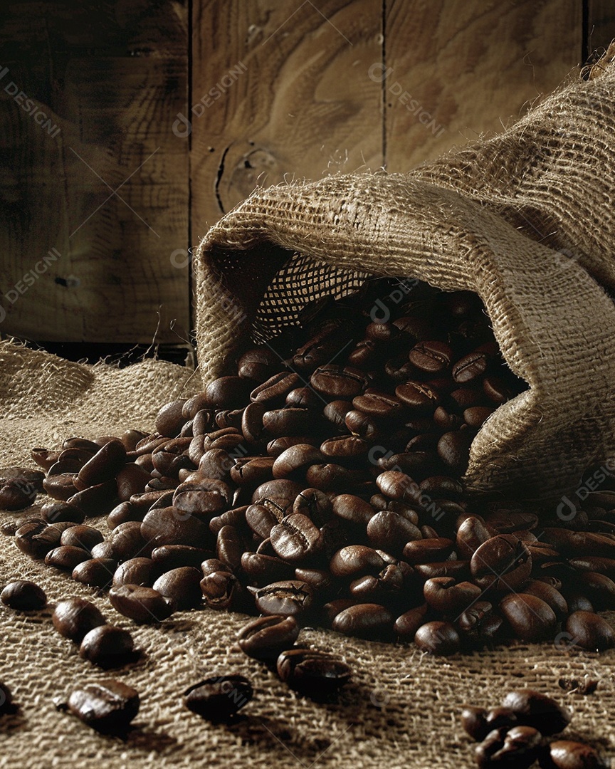 Fotografia de produto de grãos de café caindo de um saco de estopa aparência rústica ultra realista