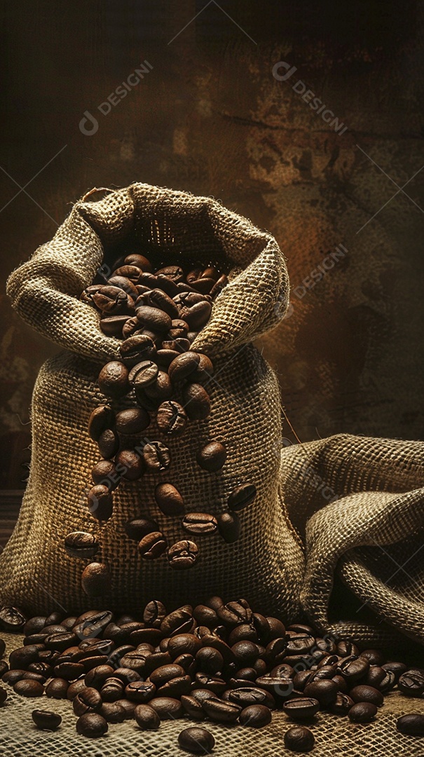 Fotografia de produto de grãos de café caindo de um saco de estopa aparência rústica ultra realista