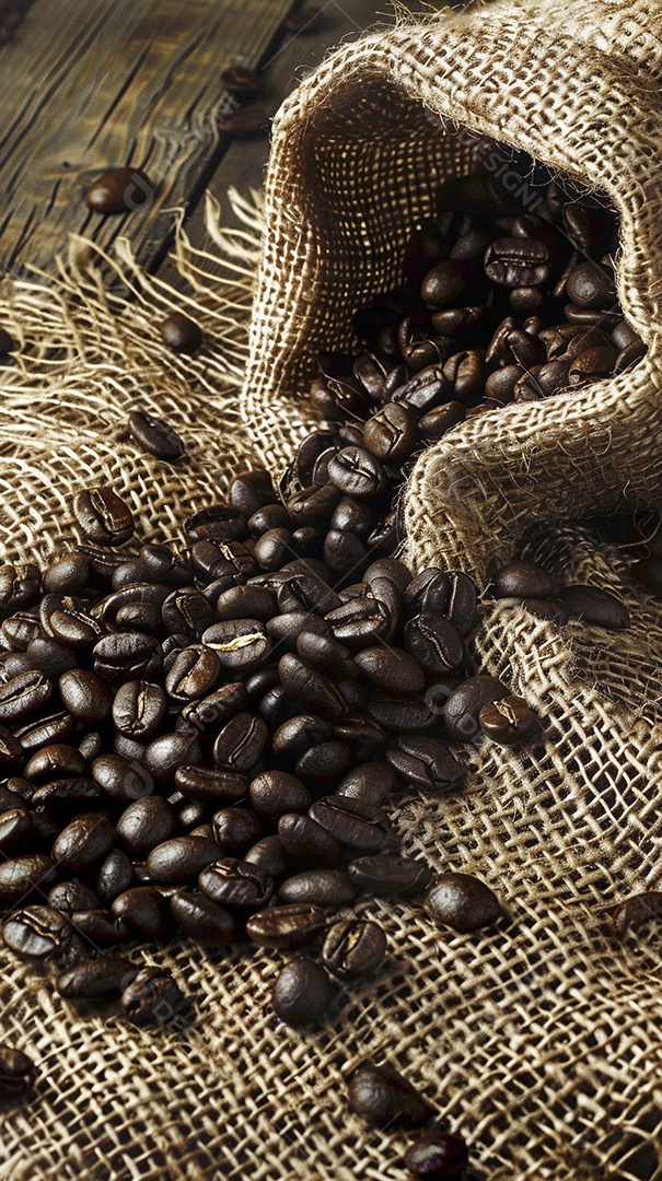 Fotografia de produto de grãos de café caindo de um saco de estopa aparência rústica ultra realista