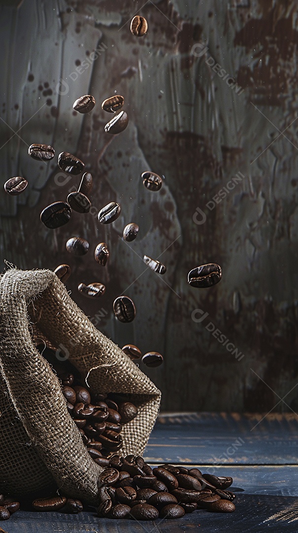 Fotografia de produto de grãos de café caindo de um saco de estopa aparência rústica ultra realista