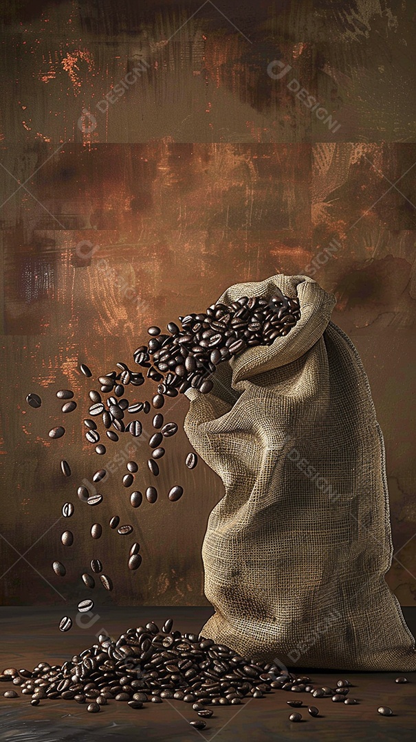 Fotografia de produto de grãos de café caindo de um saco de estopa aparência rústica ultra realista