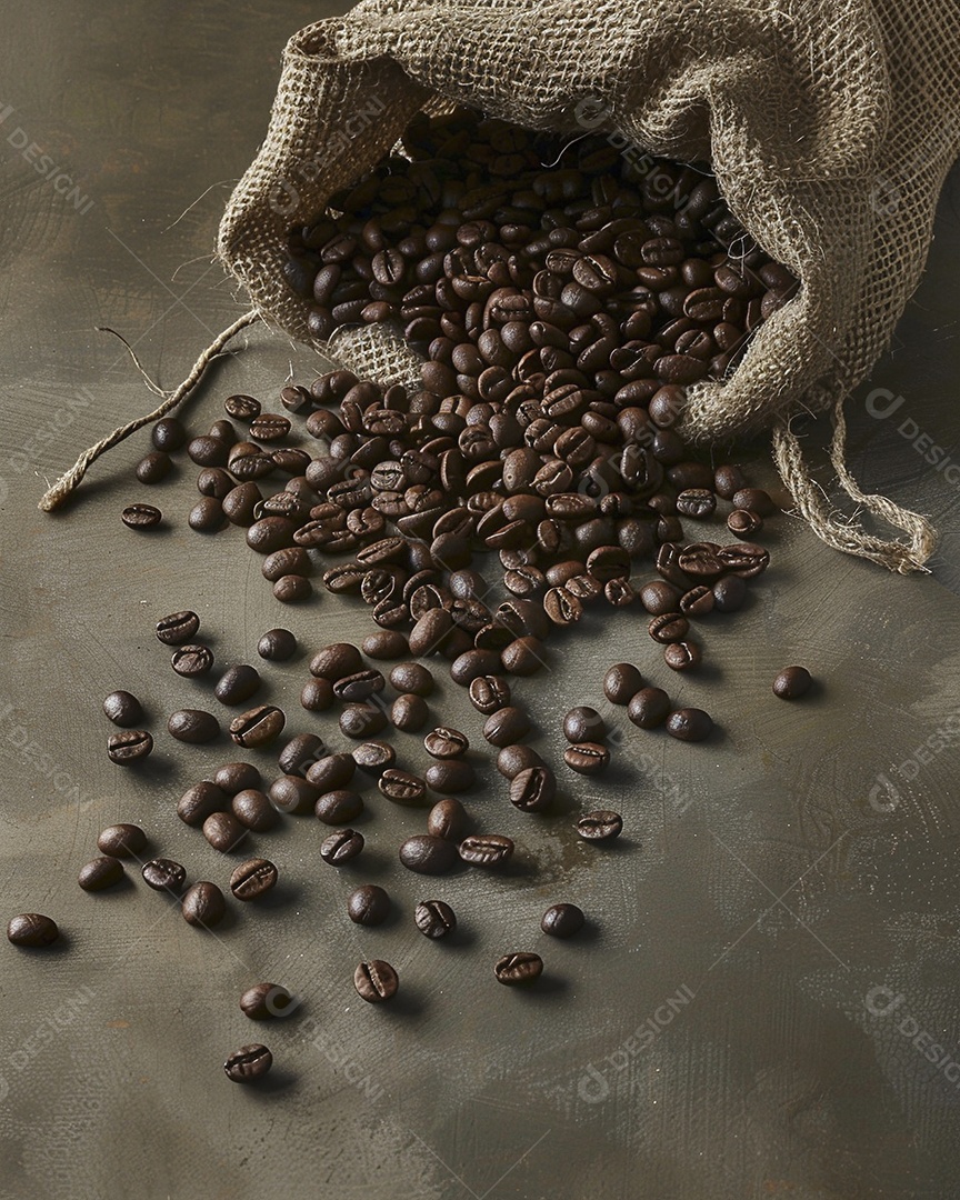 Fotografia de produto de grãos de café caindo de um saco de estopa aparência rústica ultra realista