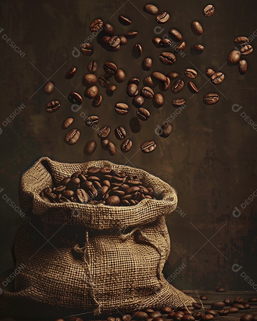 Fotografia de produto de grãos de café caindo de um saco de estopa aparência rústica ultra realista