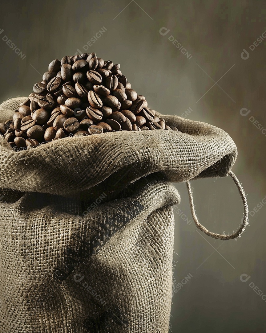 Fotografia de produto de grãos de café caindo de um saco de estopa aparência rústica ultra realista