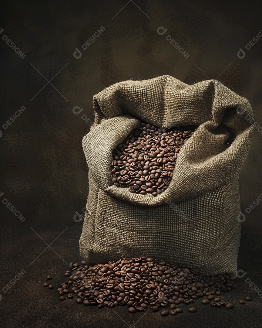 Fotografia de produto de grãos de café caindo de um saco de estopa aparência rústica ultra realista