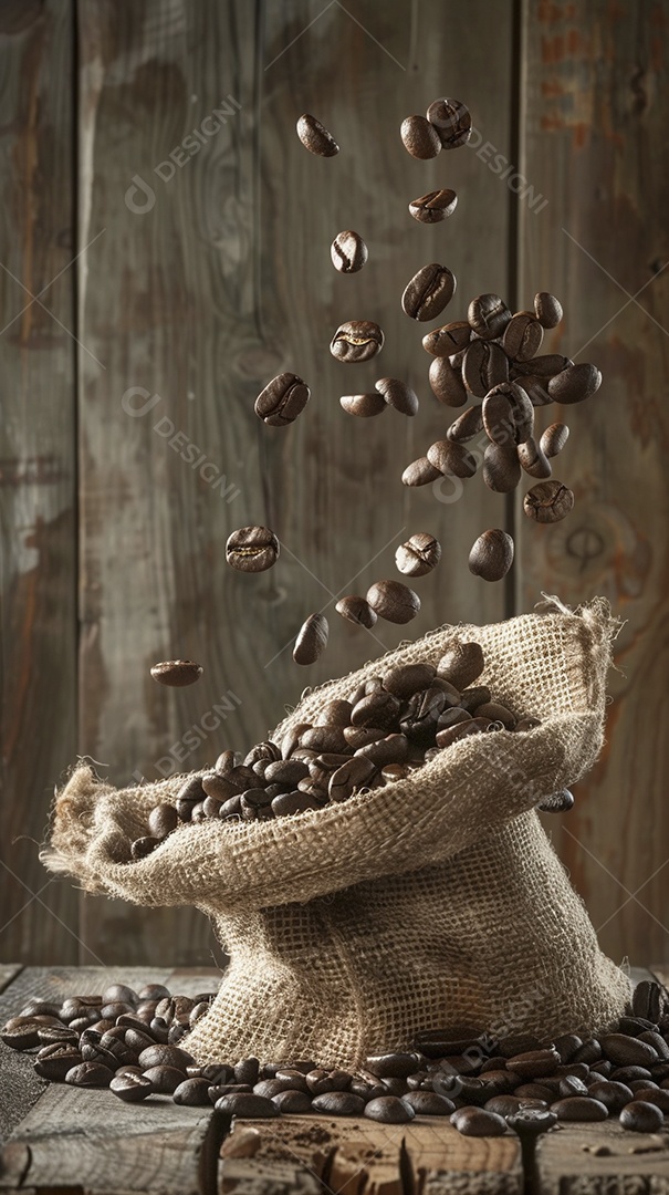 Fotografia de produto de grãos de café caindo de um saco de estopa aparência rústica ultra realista