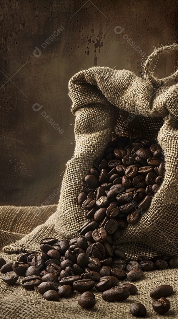 Fotografia de produto de grãos de café caindo de um saco de estopa aparência rústica ultra realista