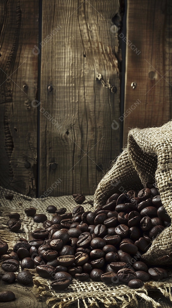 Fotografia de produto de grãos de café caindo de um saco de estopa aparência rústica ultra realista