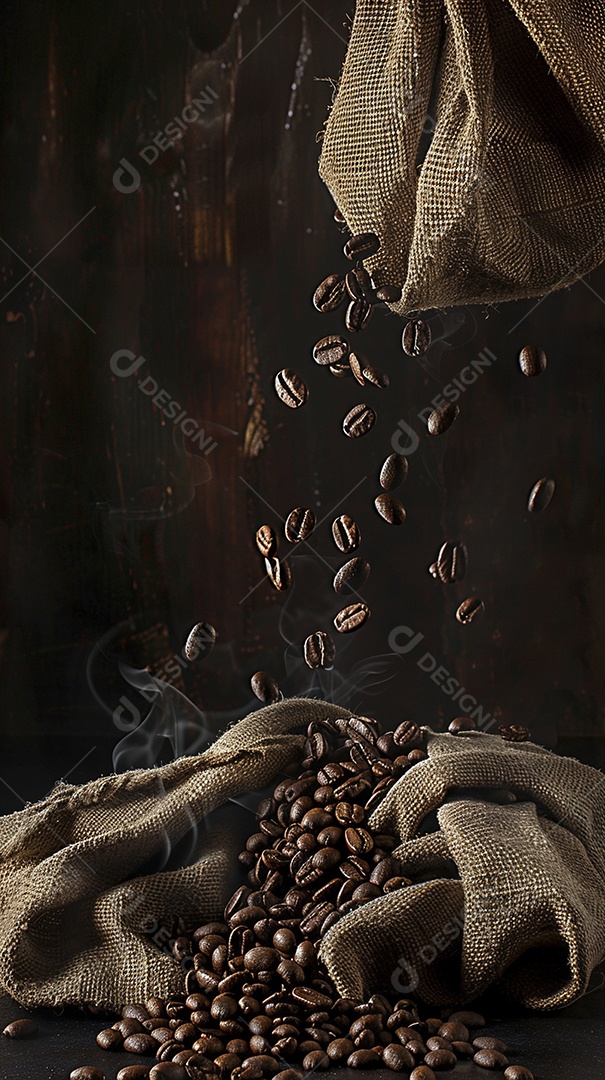 Fotografia de produto de grãos de café caindo de um saco de estopa aparência rústica ultra realista