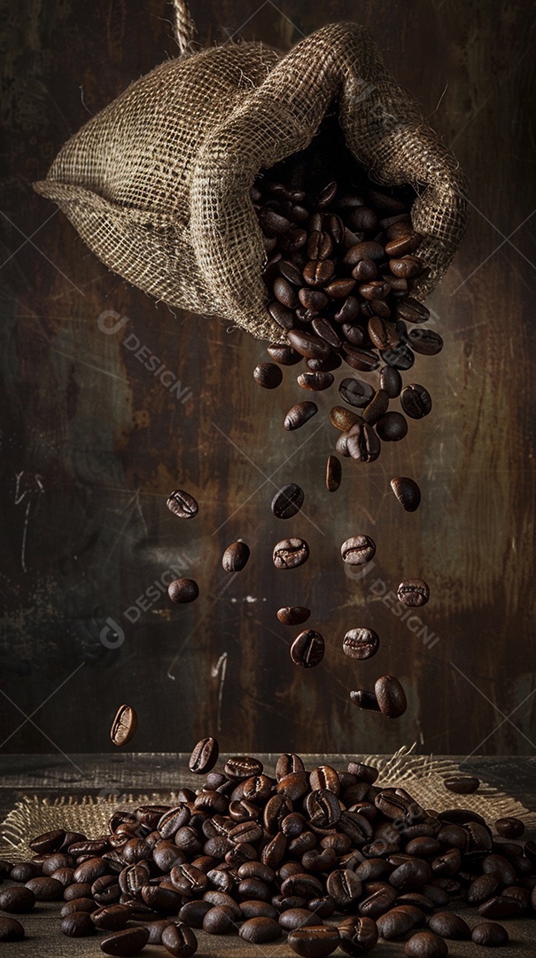 Fotografia de produto de grãos de café caindo de um saco de estopa aparência rústica ultra realista